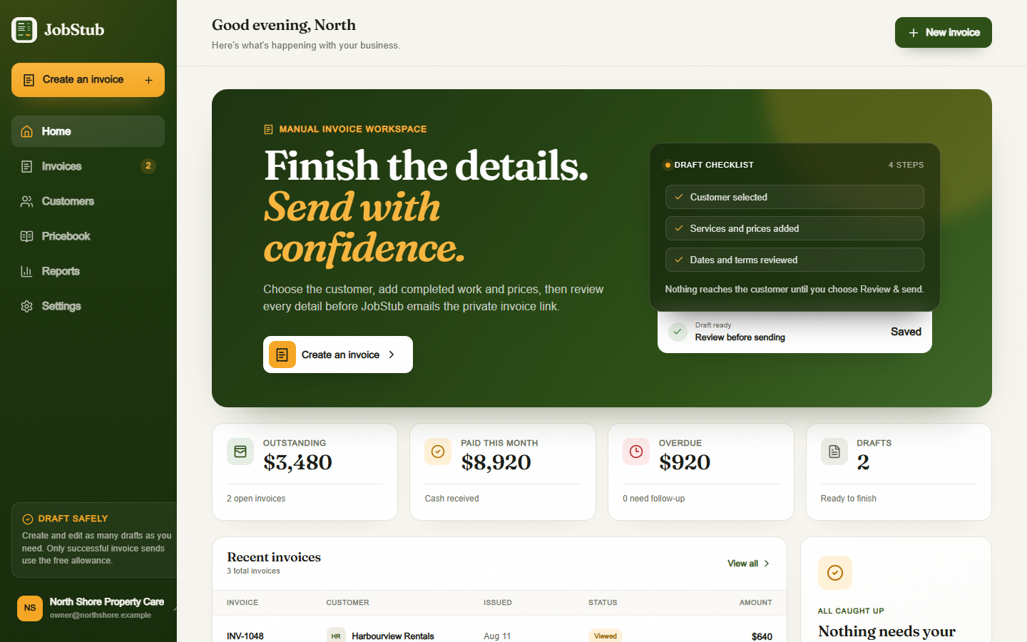 JobStub web dashboard showing fictional invoice totals, recent invoices, and a manual invoice workflow